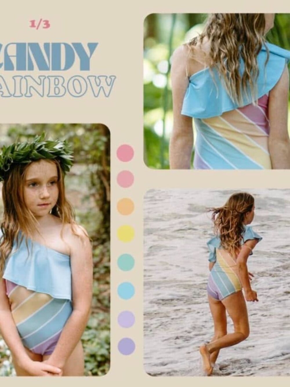 NWOT Saint Ida Girls Swimsuit Candy Rainbow One Shoulder Ruffled One Piece sz 9
